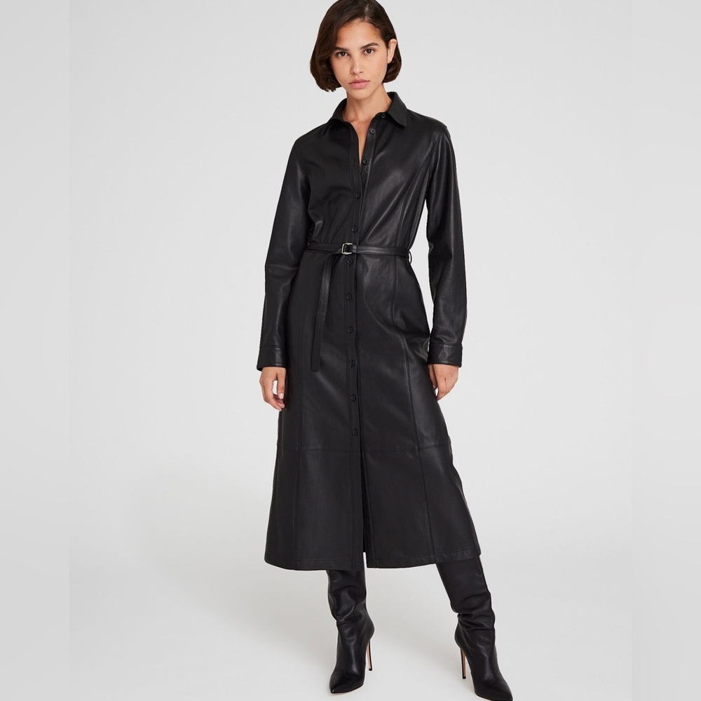 Club Monaco, Women's Black Long Leather Shirt  Dress, 10
